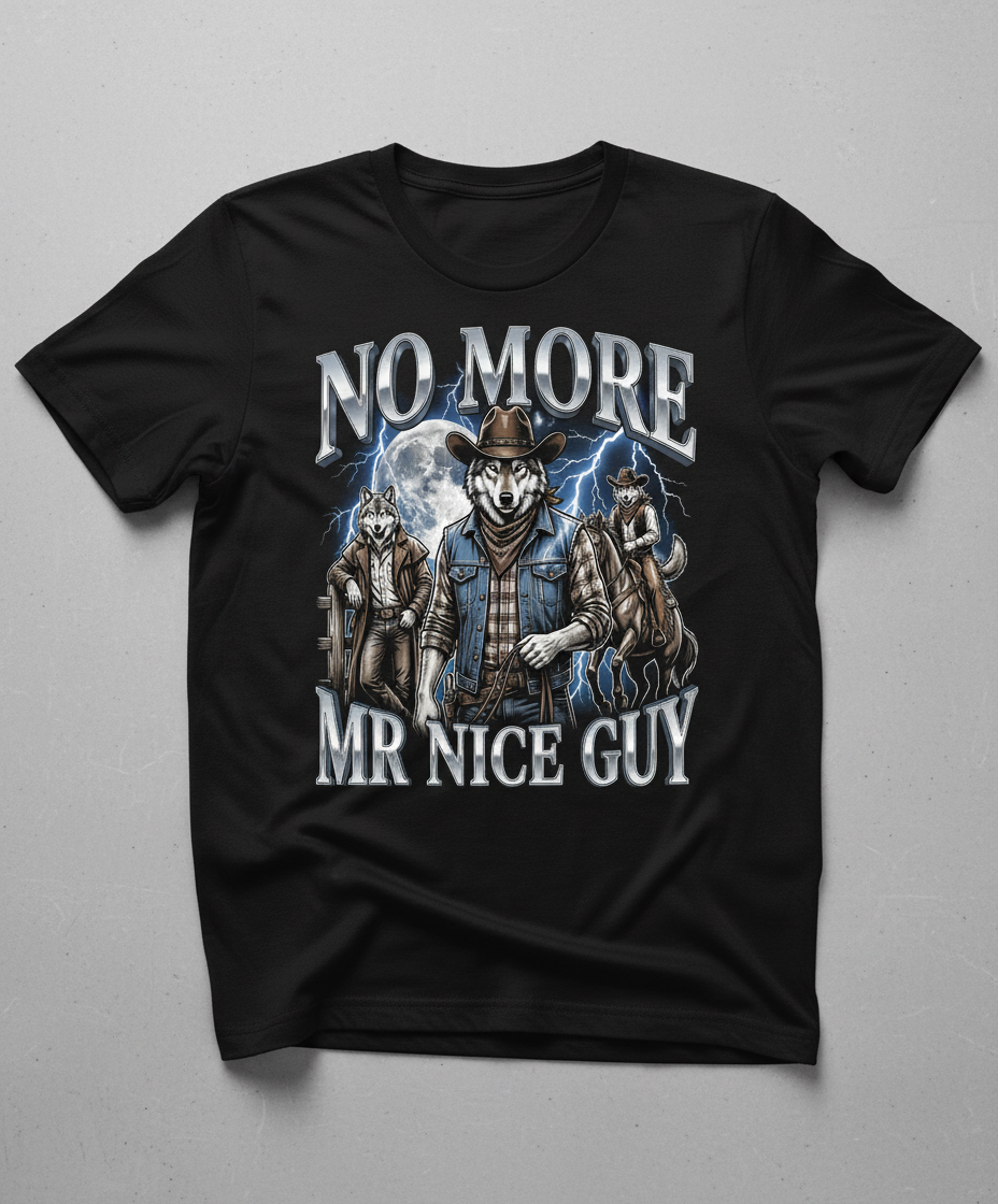 No More Mr Nice Guy Cowboy Wolf T-Shirt - product mockup - Black