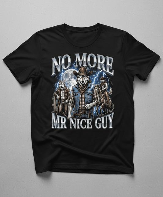 No More Mr Nice Guy Cowboy Wolf T-Shirt - product mockup - Black