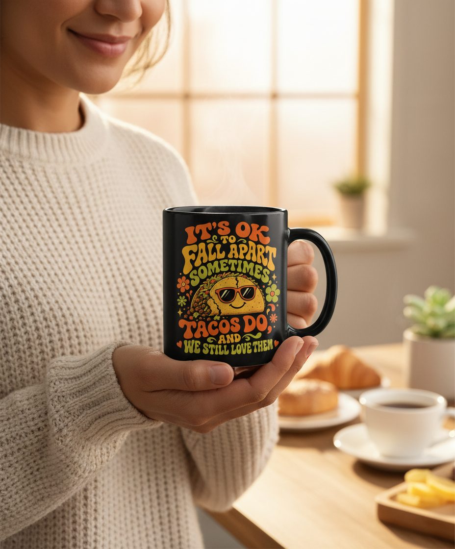 TACOS DO AND WE STILL LOVE THEM Black Mug - lifestyle model mockup - Black