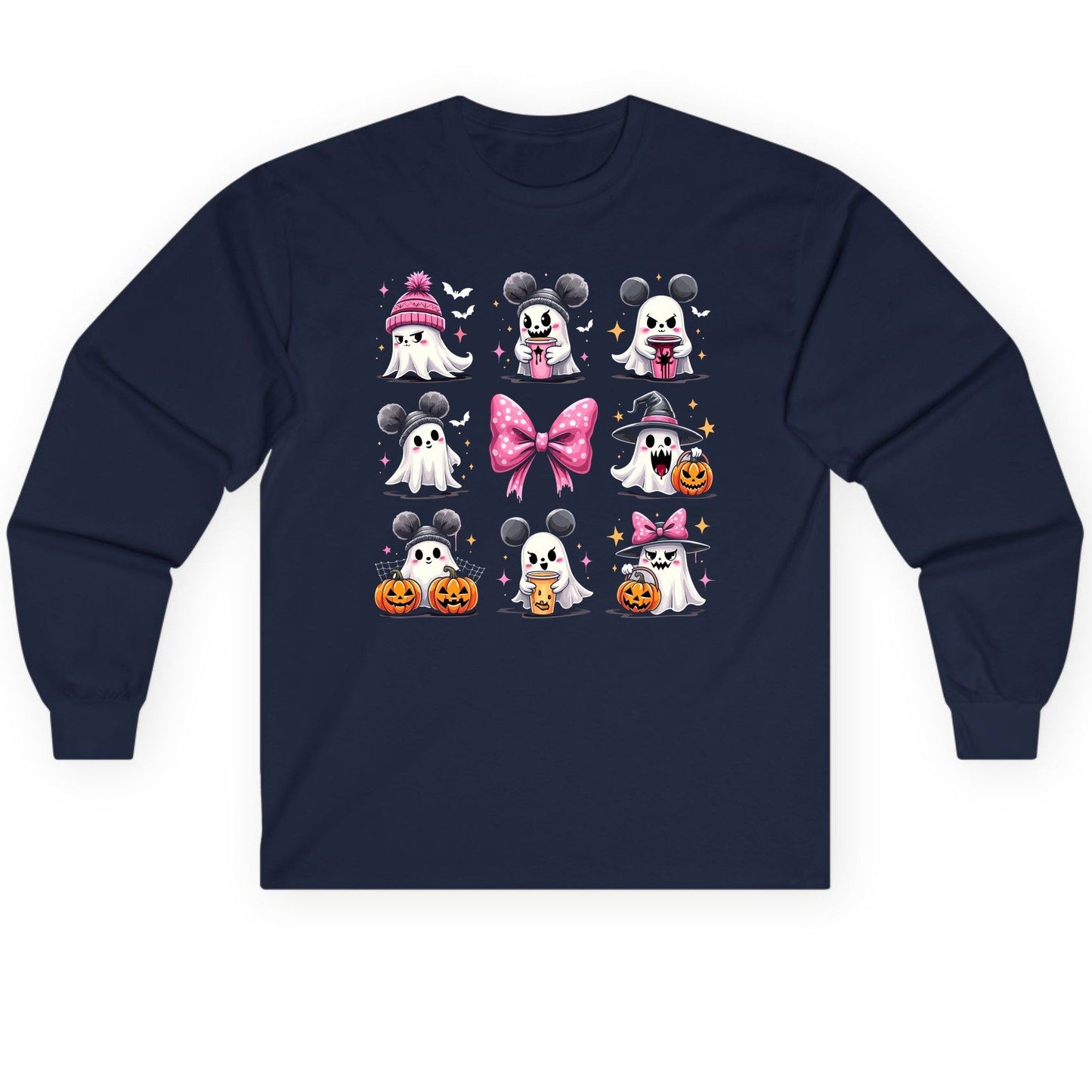 Cute Pink Halloween Ghosts Halloween ghosts Long Sleeve Tee Navy product mockup