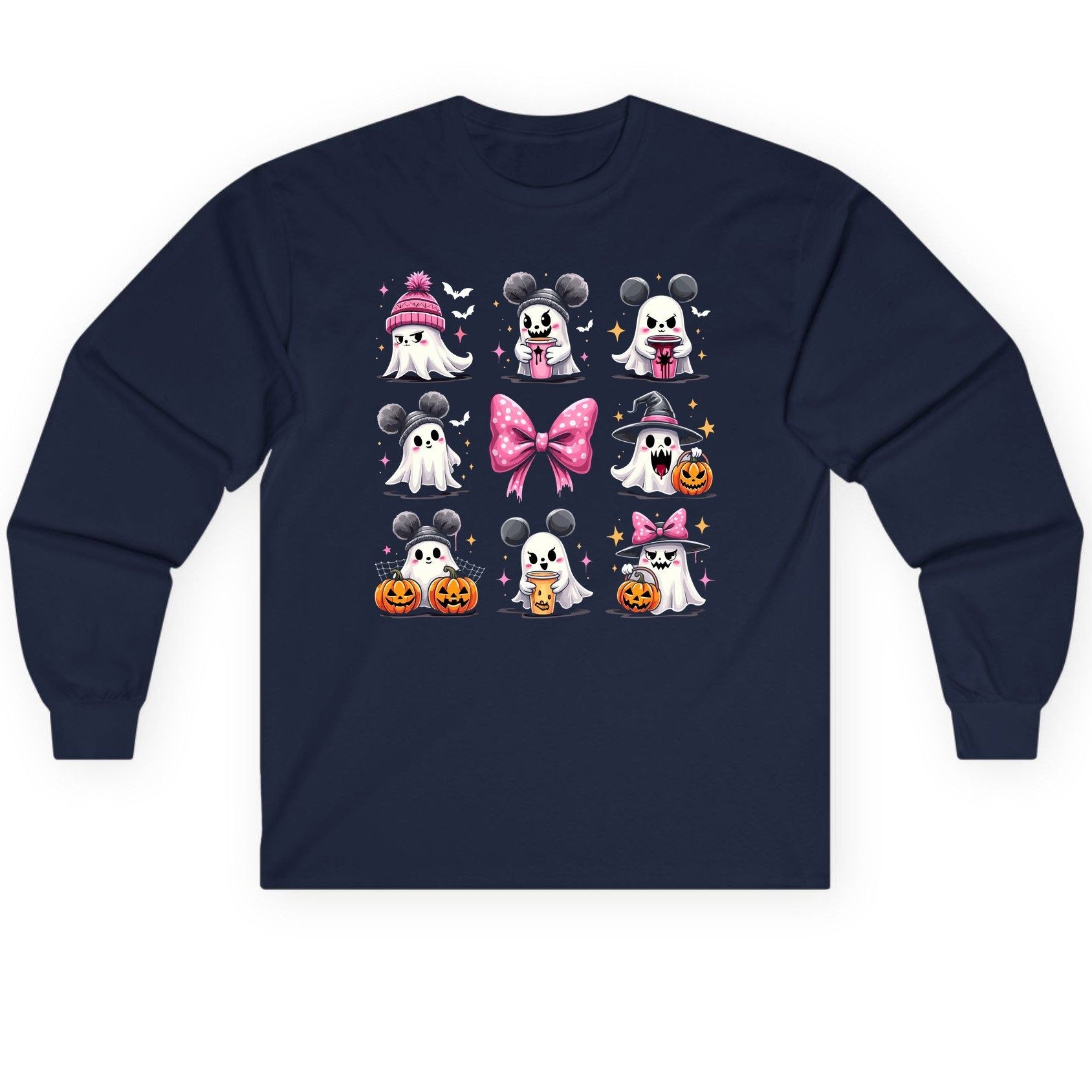 Cute Pink Halloween Ghosts Halloween ghosts Long Sleeve Tee Navy product mockup