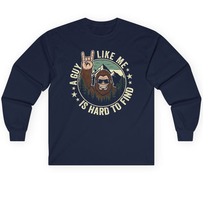 A Guy Like Me Is Hard to Find bigfoot Long Sleeve Tee Navy product mockup