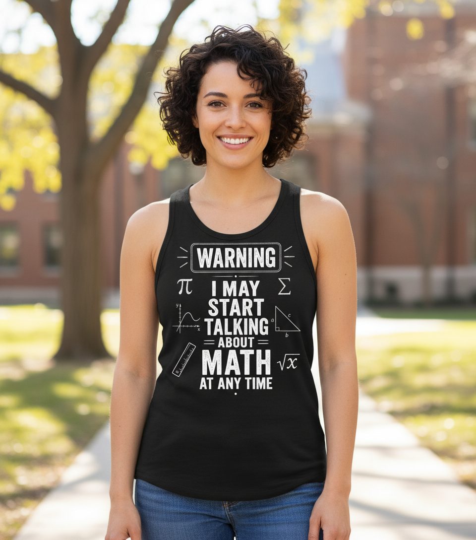 Warning I May Start Talking About Math at Any Time Funny Teachers Tank Top - lifestyle model mockup - Black