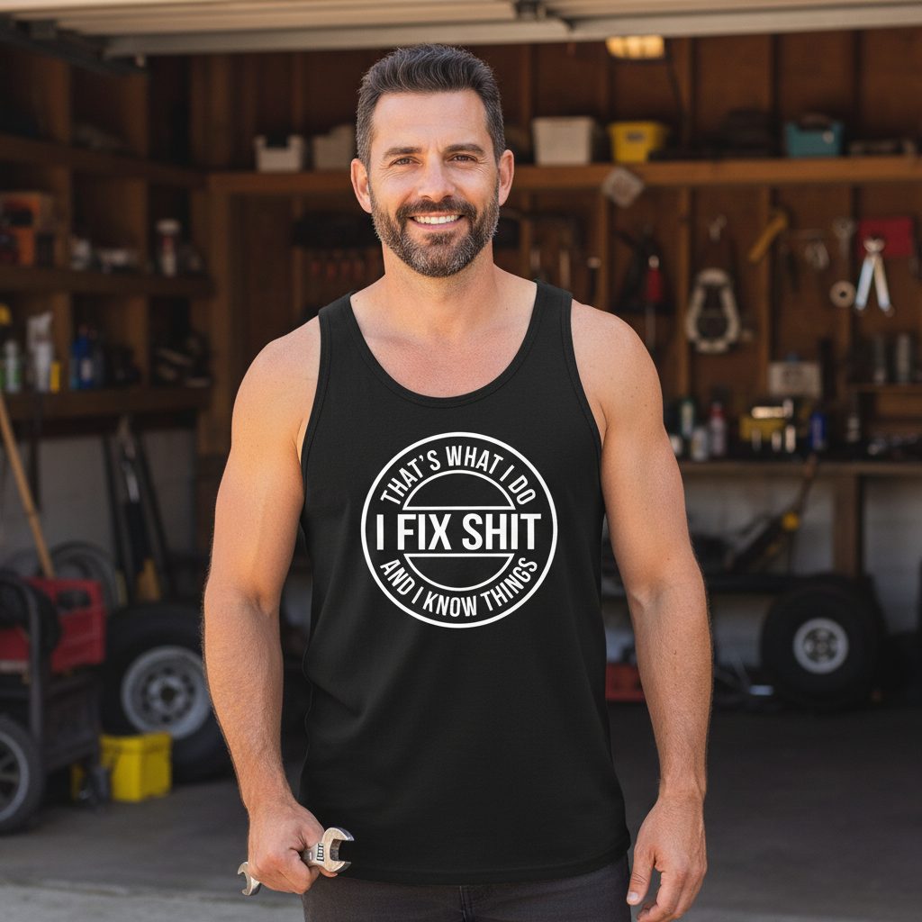 That's What I Do I Fix Shit and I Know Things Funny Handyman Tank Top - lifestyle model mockup - Black