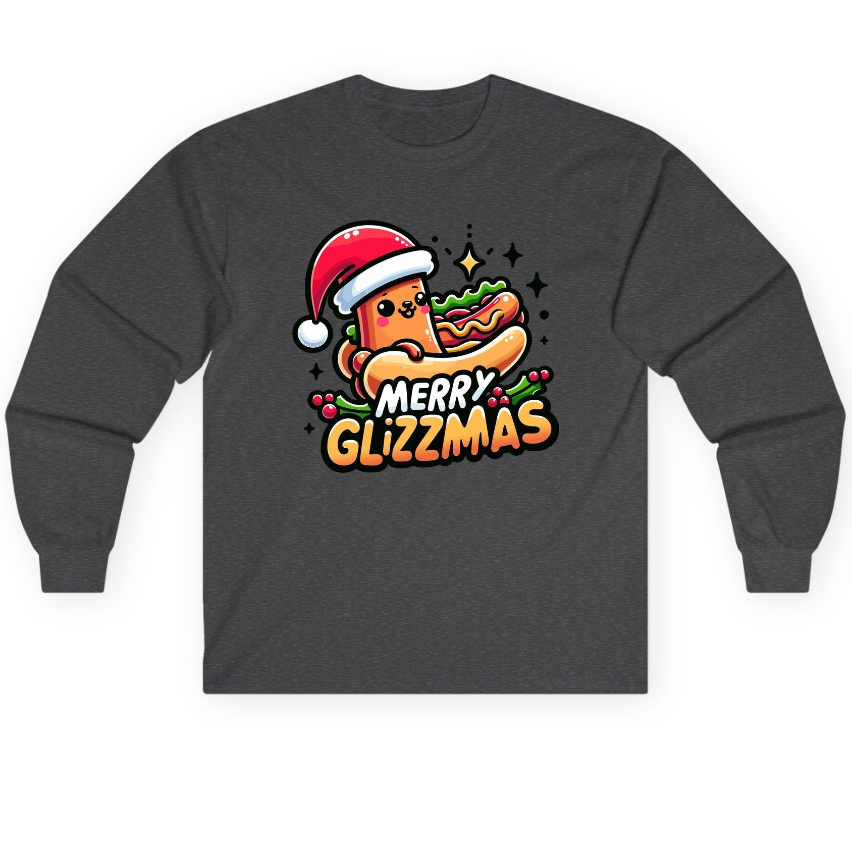 Merry Glizzmas hot dog Long Sleeve Tee Dark Heather product mockup