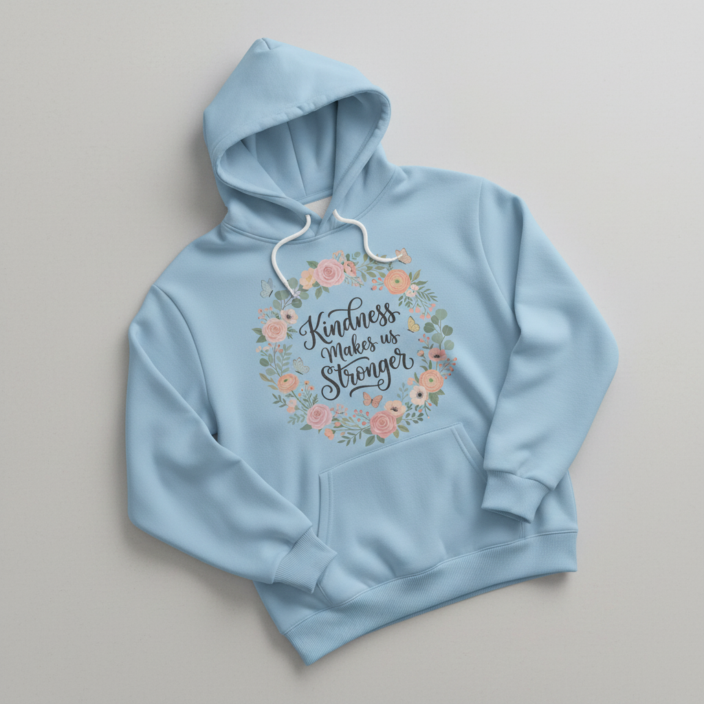 Kindness Makes Us Stronger Floral Wreath Hoodie - Light Blue