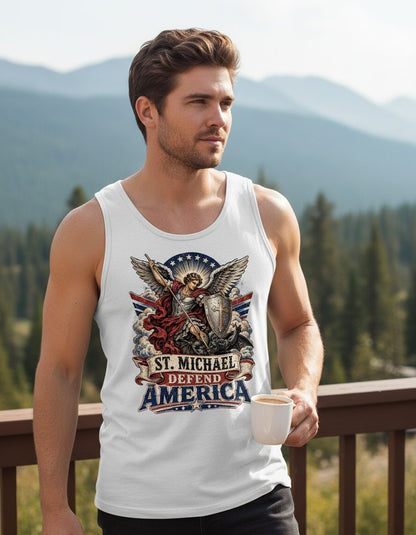 St Michael Defend America Vintage Patriotic Christian Tank Top - lifestyle model mockup - White