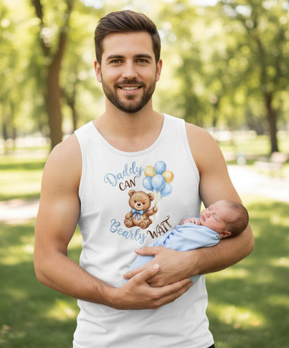 Daddy Can Bearly Wait Teddy Bear Tank Top - lifestyle model mockup - White