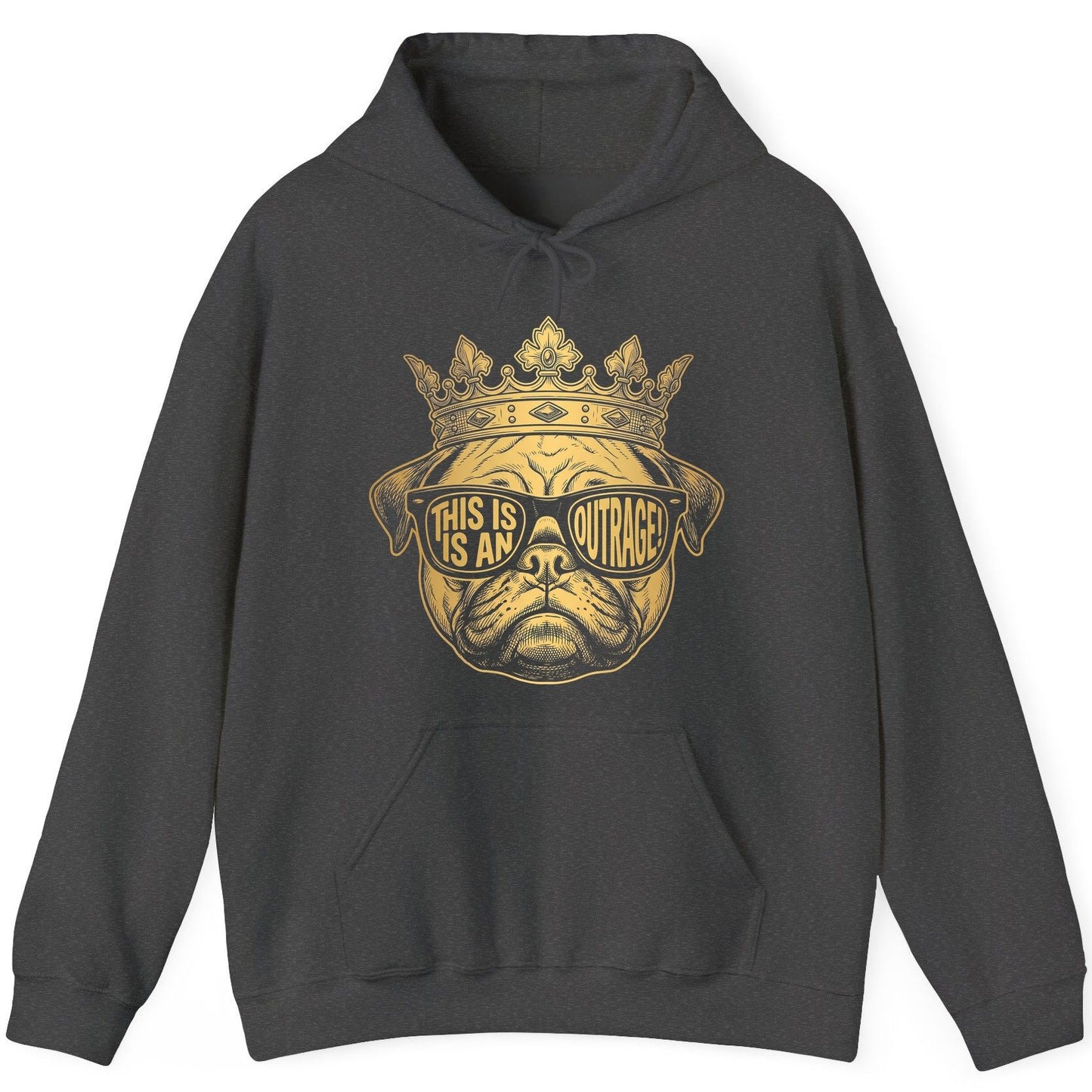 This Is An Outrage! Pug Hoodie Dark Heather product mockup