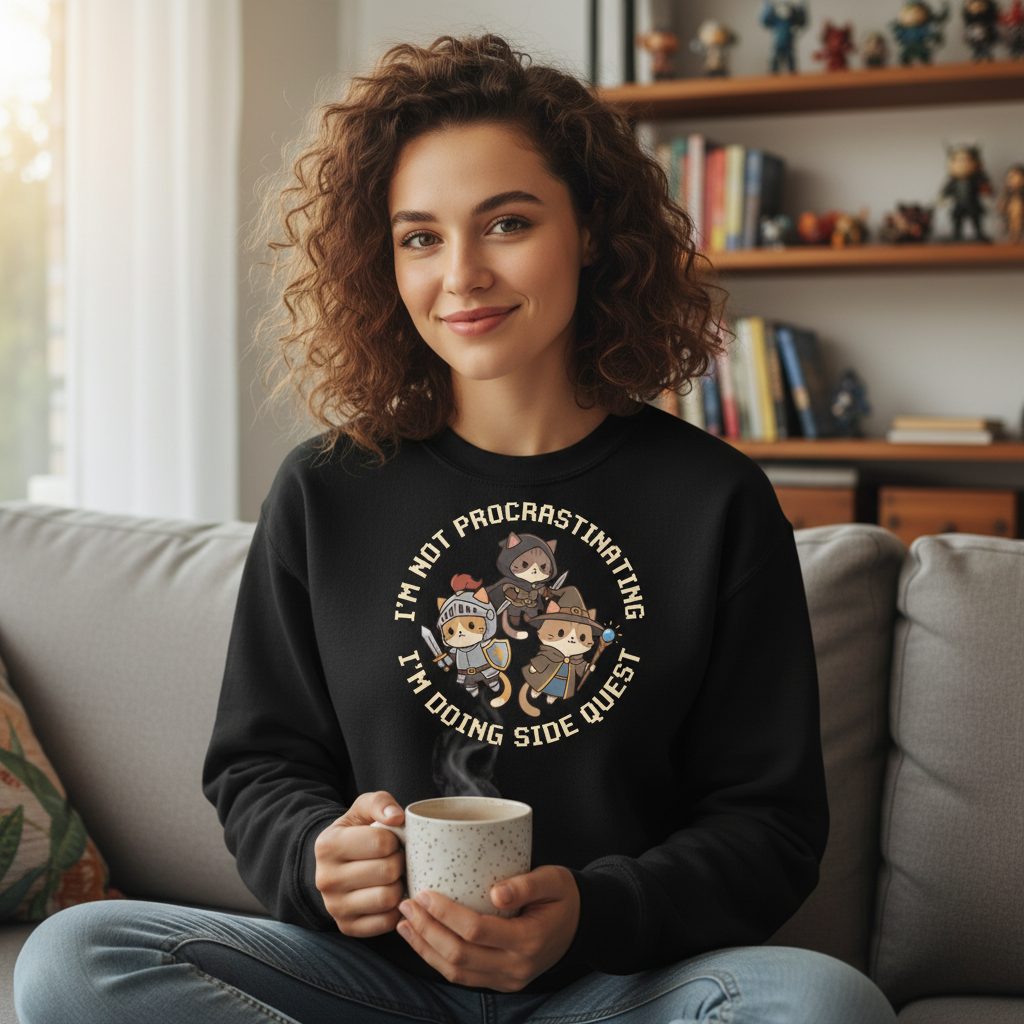 I'm Not Procrastinating I'm Doing Side Quest rpg cats Sweatshirt Black lifestyle mockup