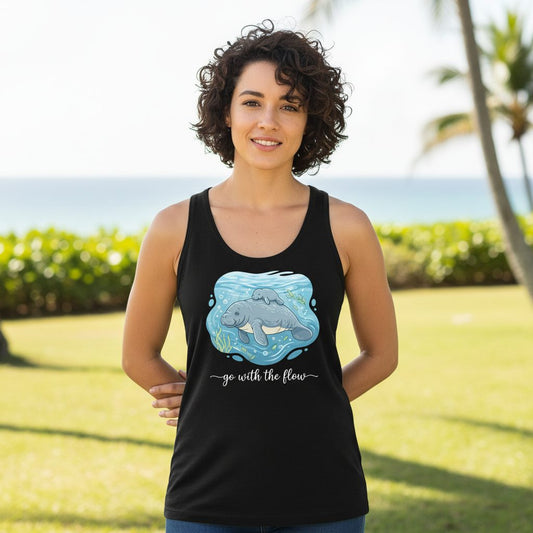 Go with the Flow Manatee Tank Top - lifestyle model mockup - Black