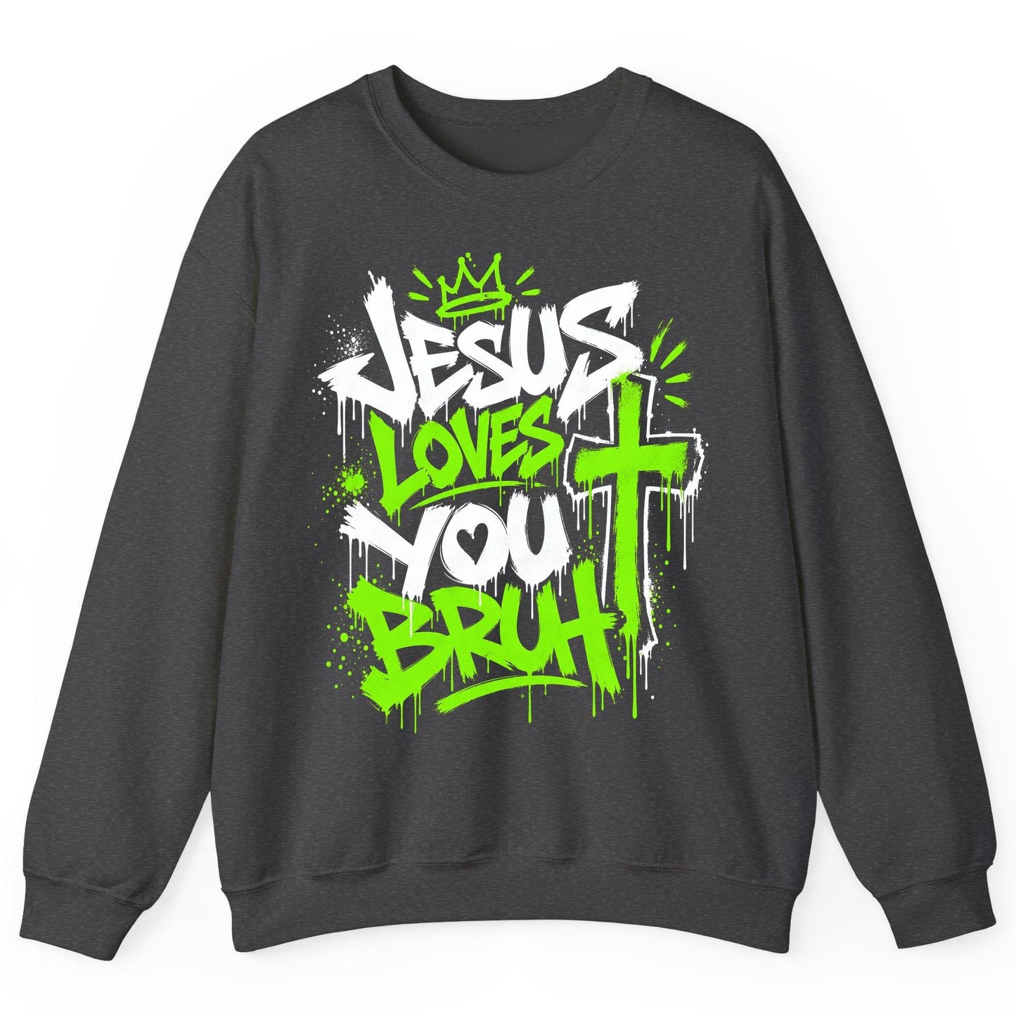Jesus Loves You Bruh Christian Sweatshirt - product mockup - Dark Heather