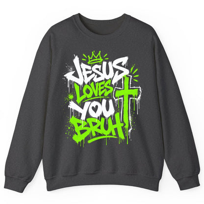 Jesus Loves You Bruh Christian Sweatshirt - product mockup - Dark Heather