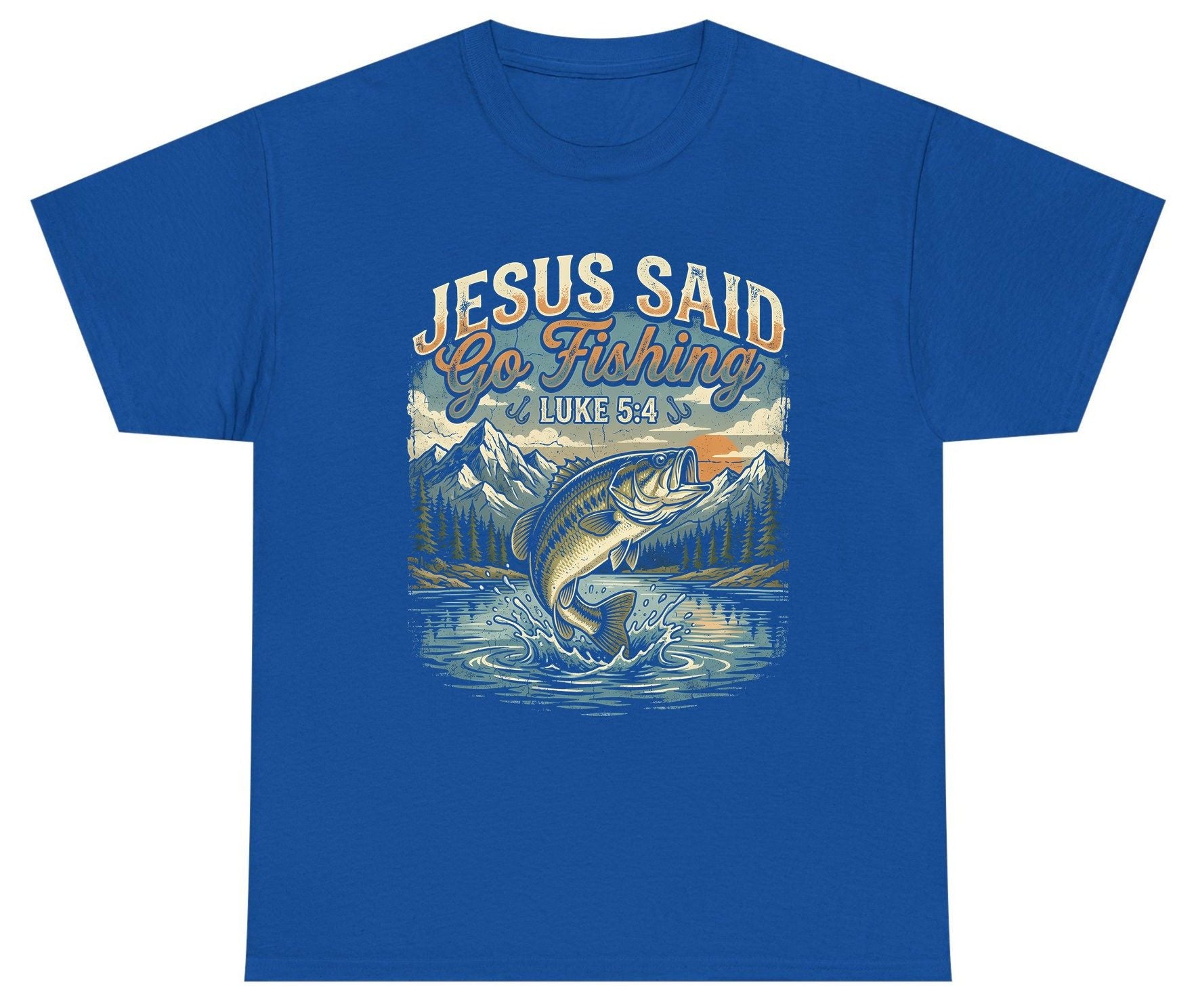JESUS SAID Go Fishing LUKE 5 4 Retro Christian Youth T-Shirt - product mockup - Royal