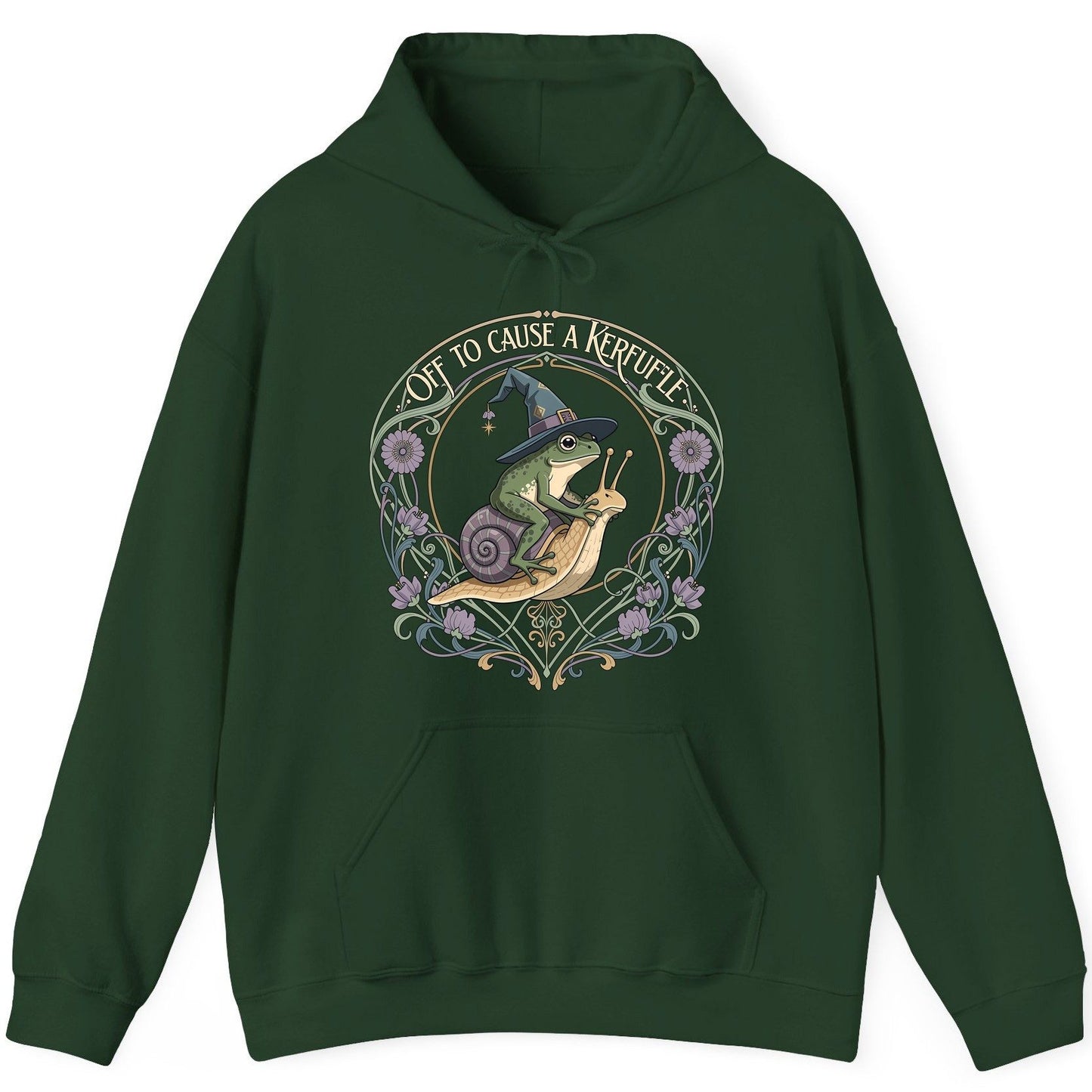 Off to Cause a Kerfuffle frog riding a snail Hoodie Forest Green product mockup