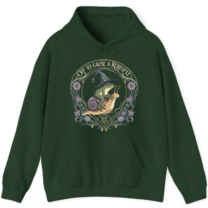 Off to Cause a Kerfuffle frog riding a snail Hoodie Forest Green product mockup
