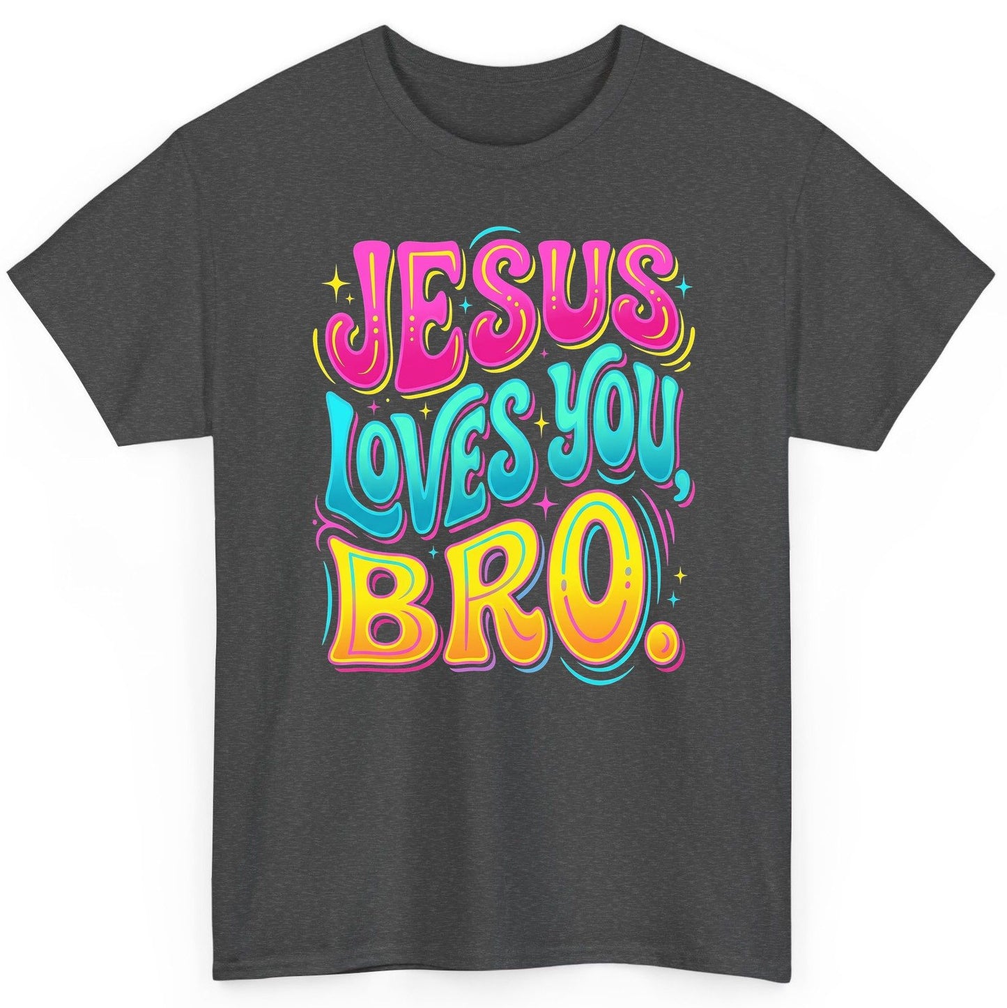 JESUS LOVES YOU BRO Retro Christian T-Shirt - product mockup - Dark Heather