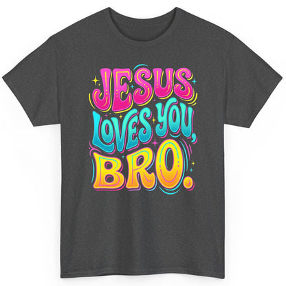 JESUS LOVES YOU BRO Retro Christian T-Shirt - product mockup - Dark Heather