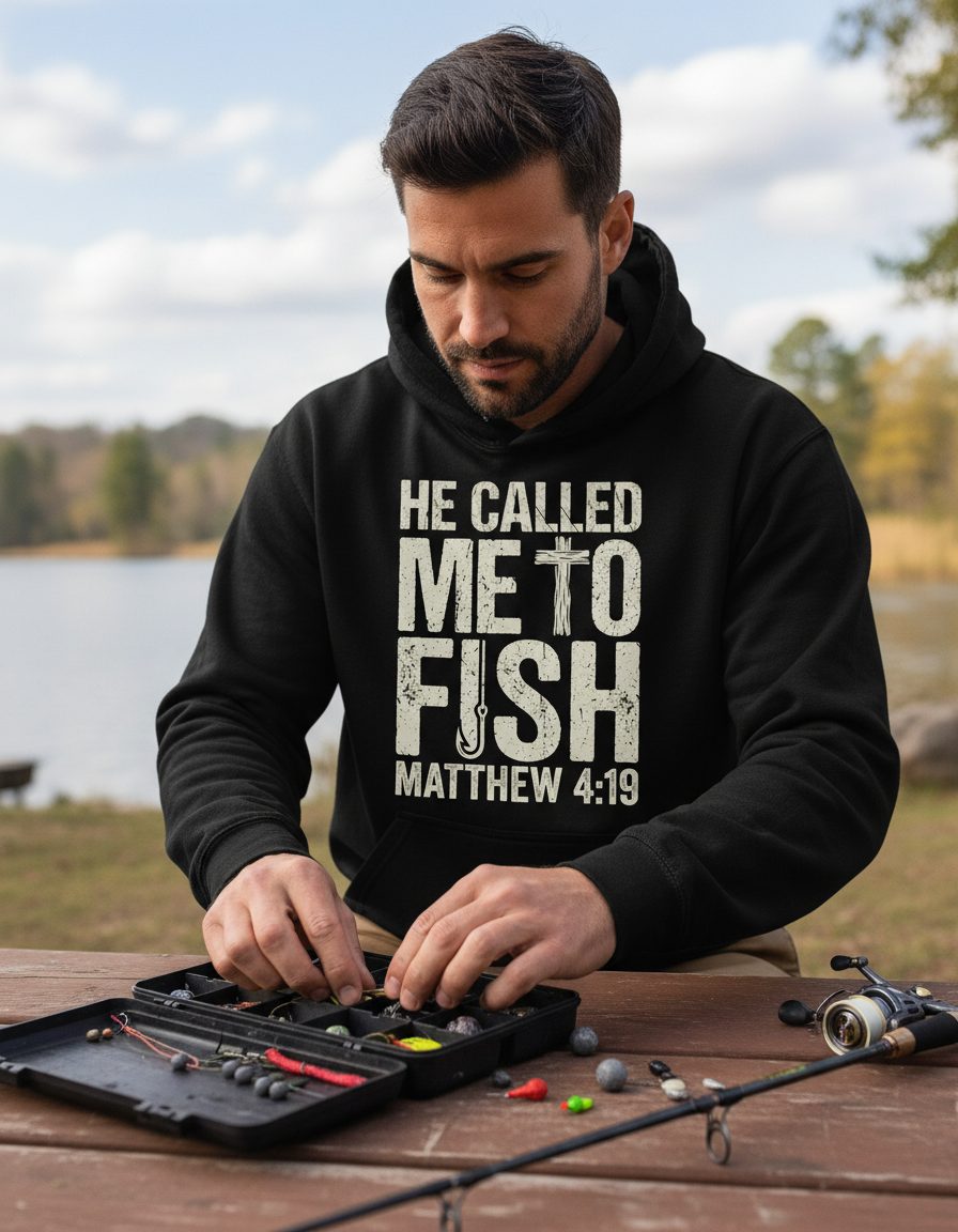 He Called Me to Fish Matthew 4 19 Christian Fishing Hoodie - lifestyle model mockup - Black