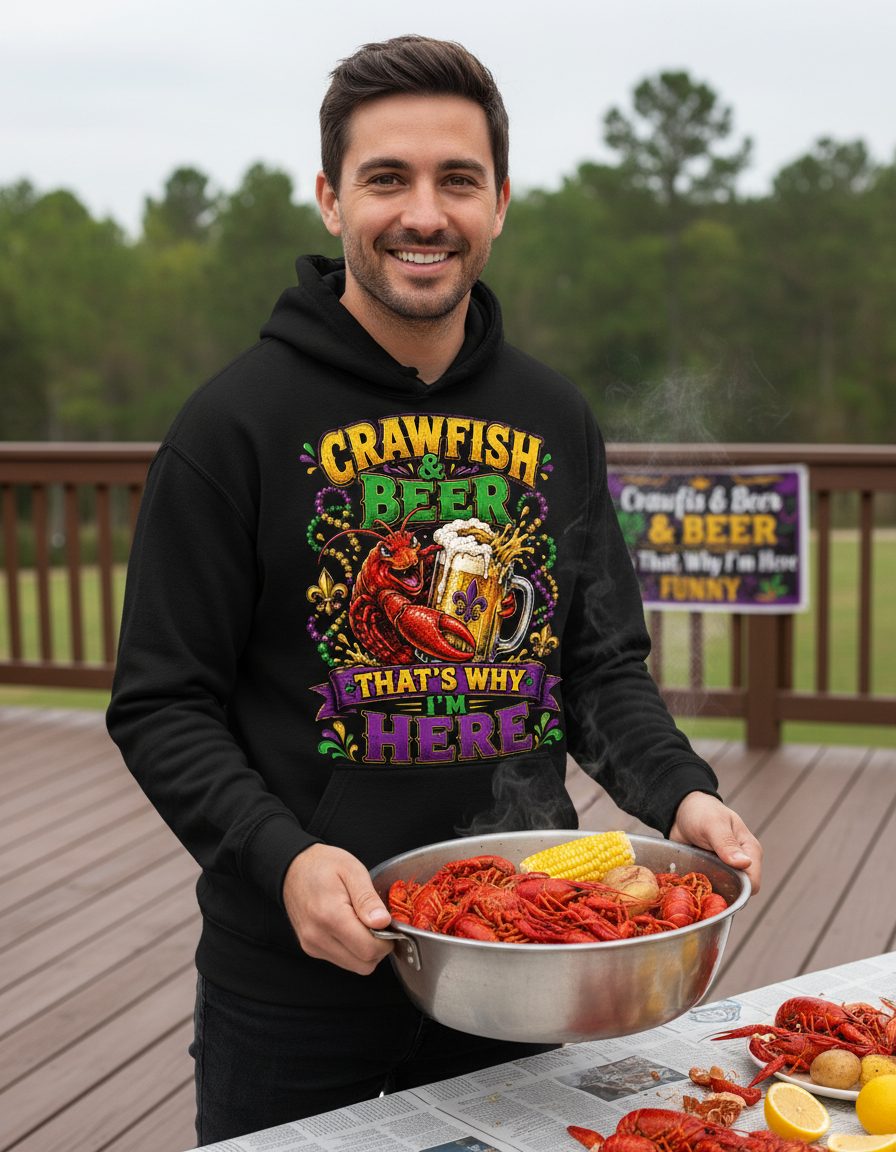 Crawfish & Beer That's Why I'm Here Funny Boil Hoodie - lifestyle model mockup - Black