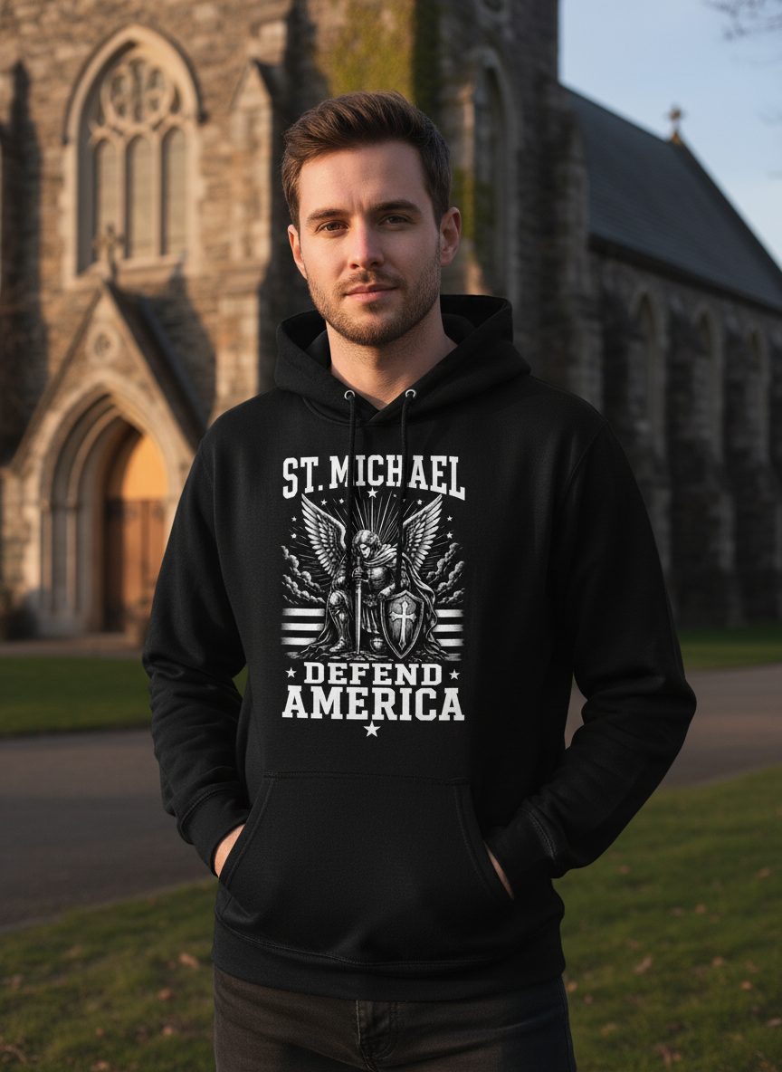 St Michael Defend America Patriotic Christian Hoodie - lifestyle model mockup - Black