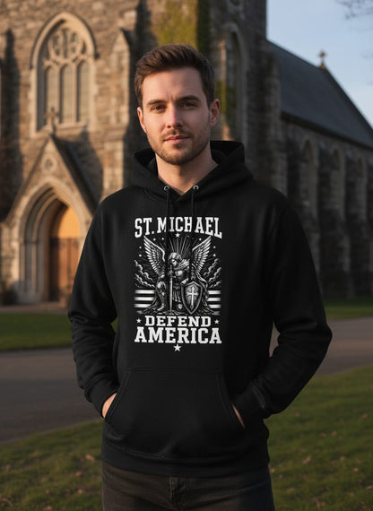St Michael Defend America Patriotic Christian Hoodie - lifestyle model mockup - Black
