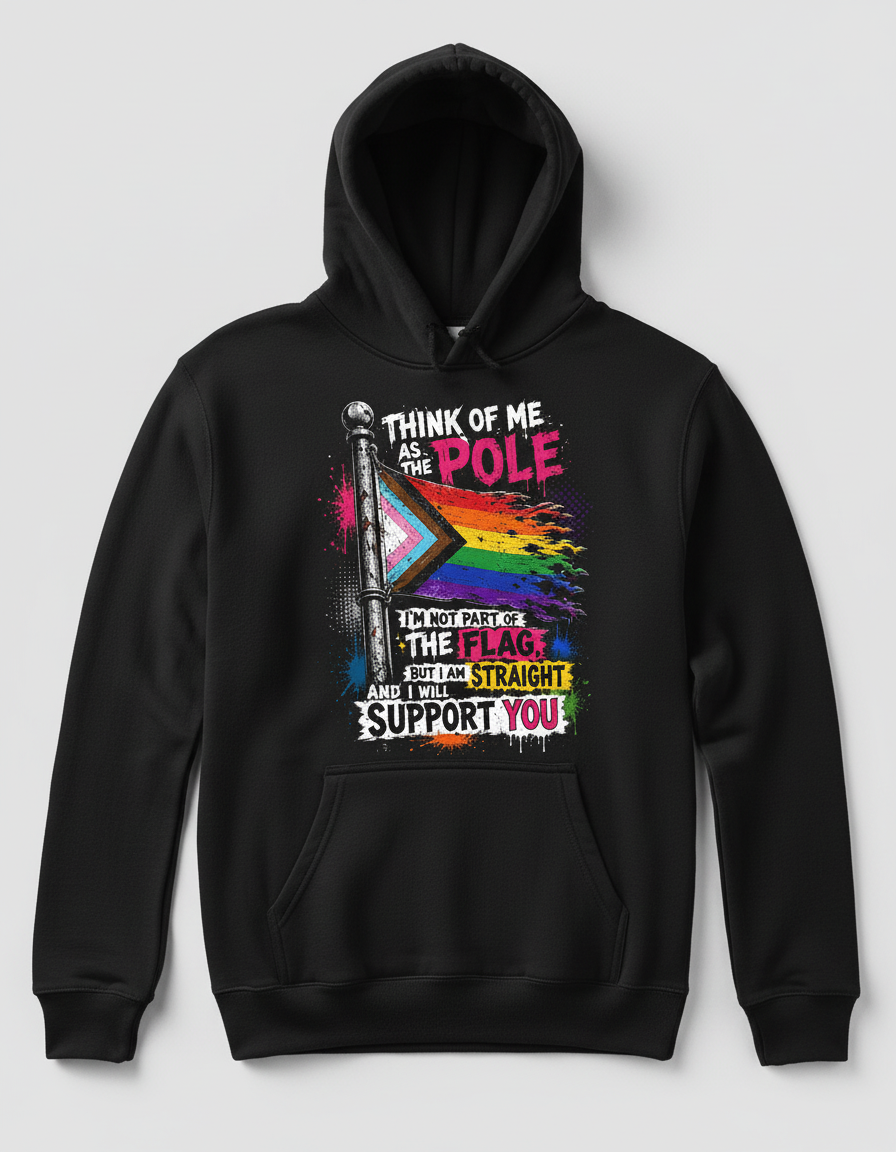 Straight Ally LGBTQ+ Support Pole and Flag Hoodie - Black