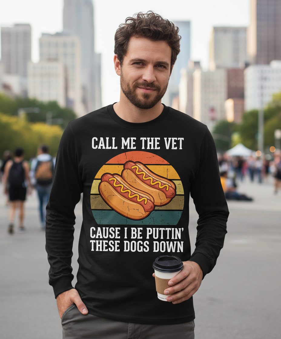 Call Me the Vet Cause I Be Puttin' These Dogs Down hot dogs Long Sleeve Tee Black lifestyle mockup