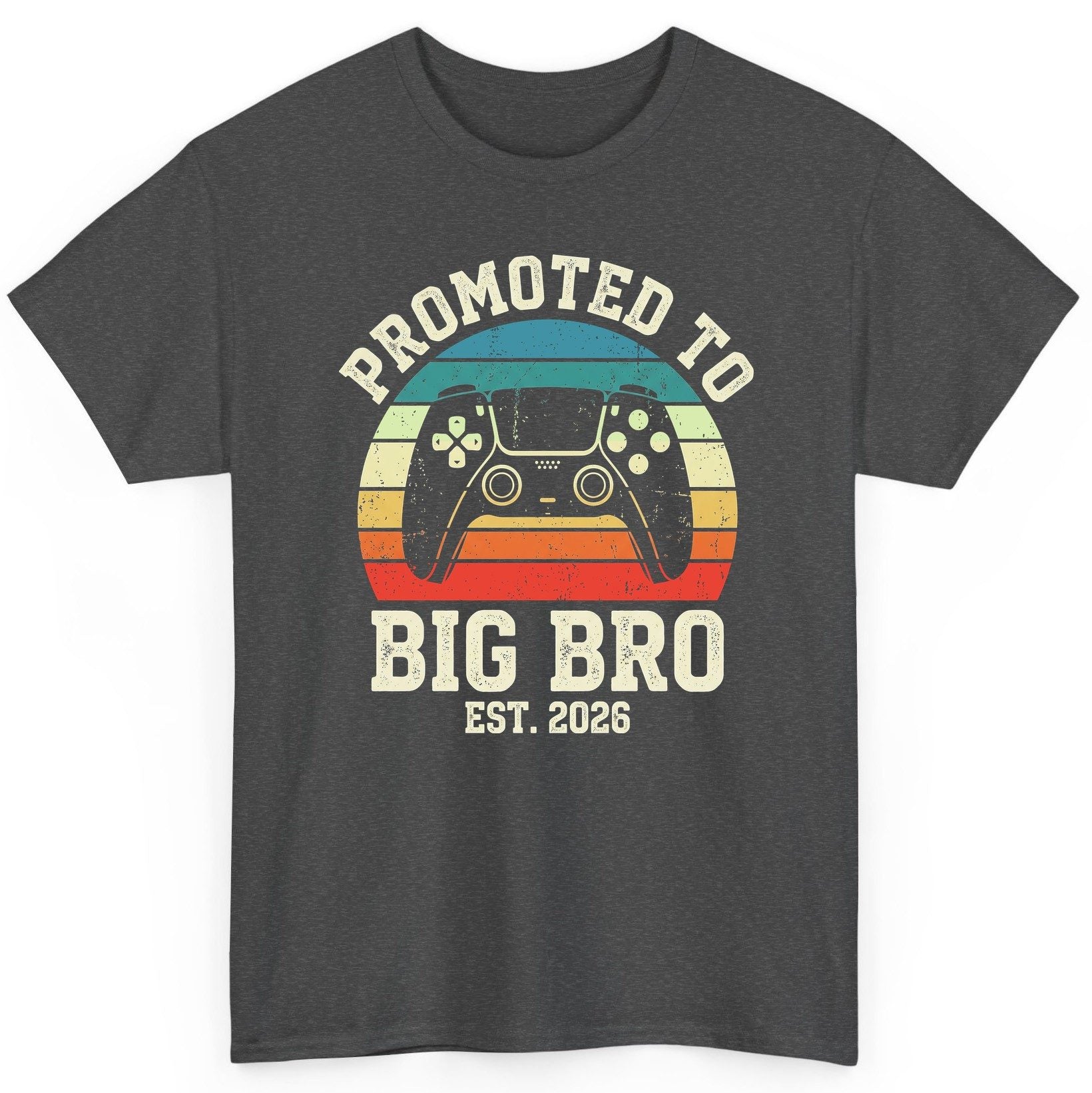 Promoted TO BIG BRO EST 2026 Retro Gaming T-Shirt - product mockup - Dark Heather