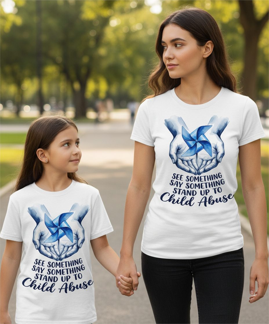 SEE Something SAY Something STAND UP TO Child Abuse Youth T-Shirt - lifestyle model mockup - White