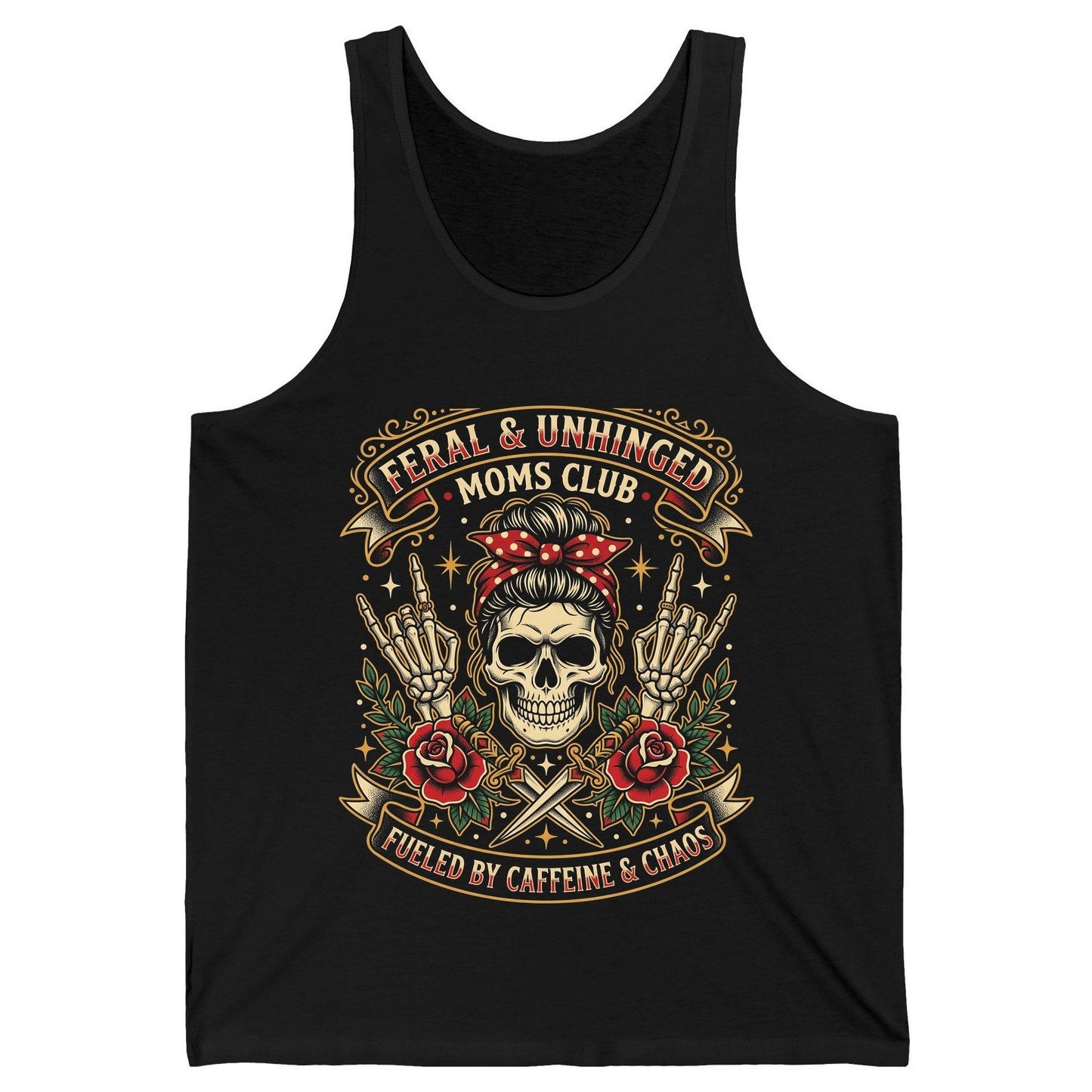 Feral & Unhinged Moms Club Fueled by Caffeine & Chaos Tank Top - product mockup - Black