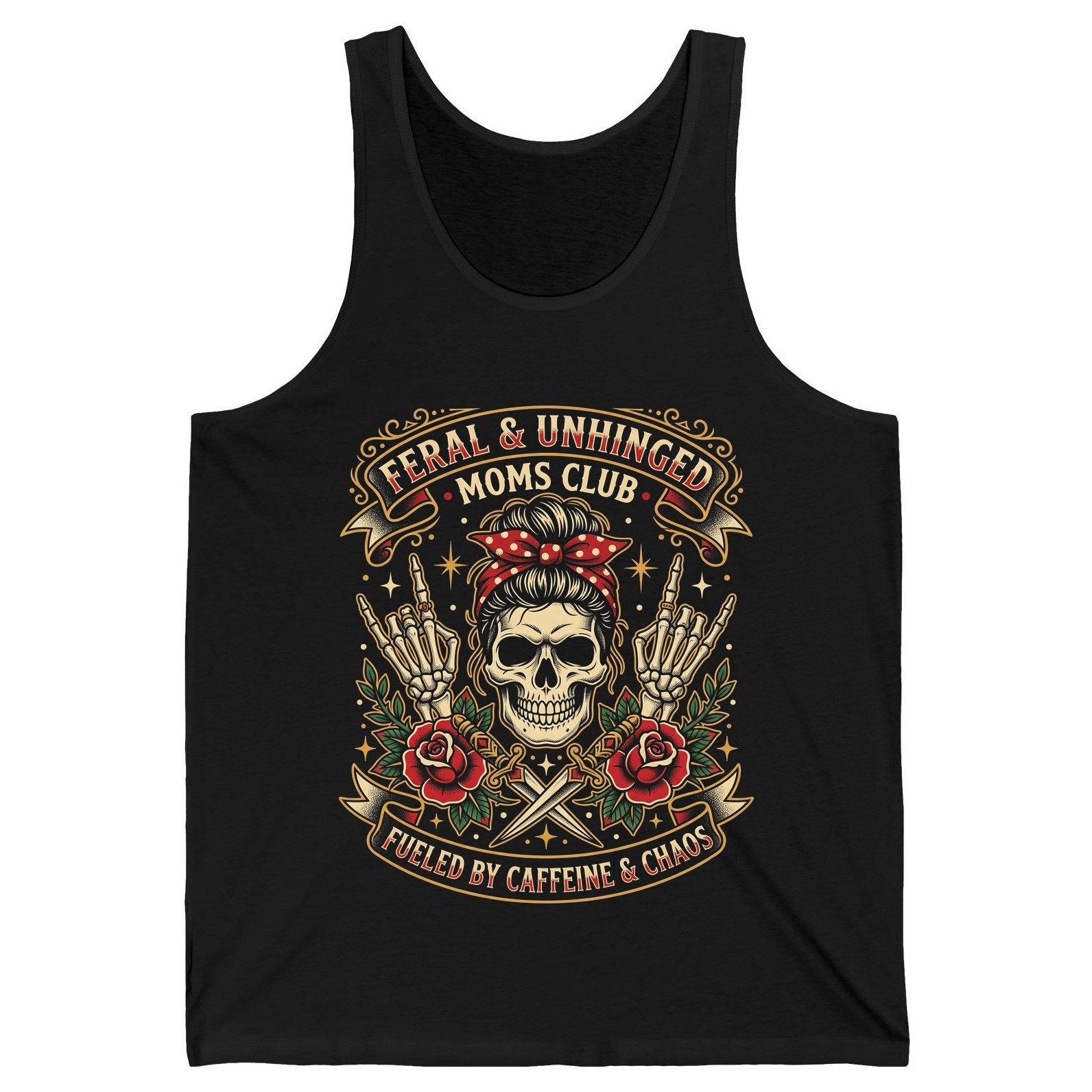 Feral & Unhinged Moms Club Fueled by Caffeine & Chaos Tank Top - product mockup - Black