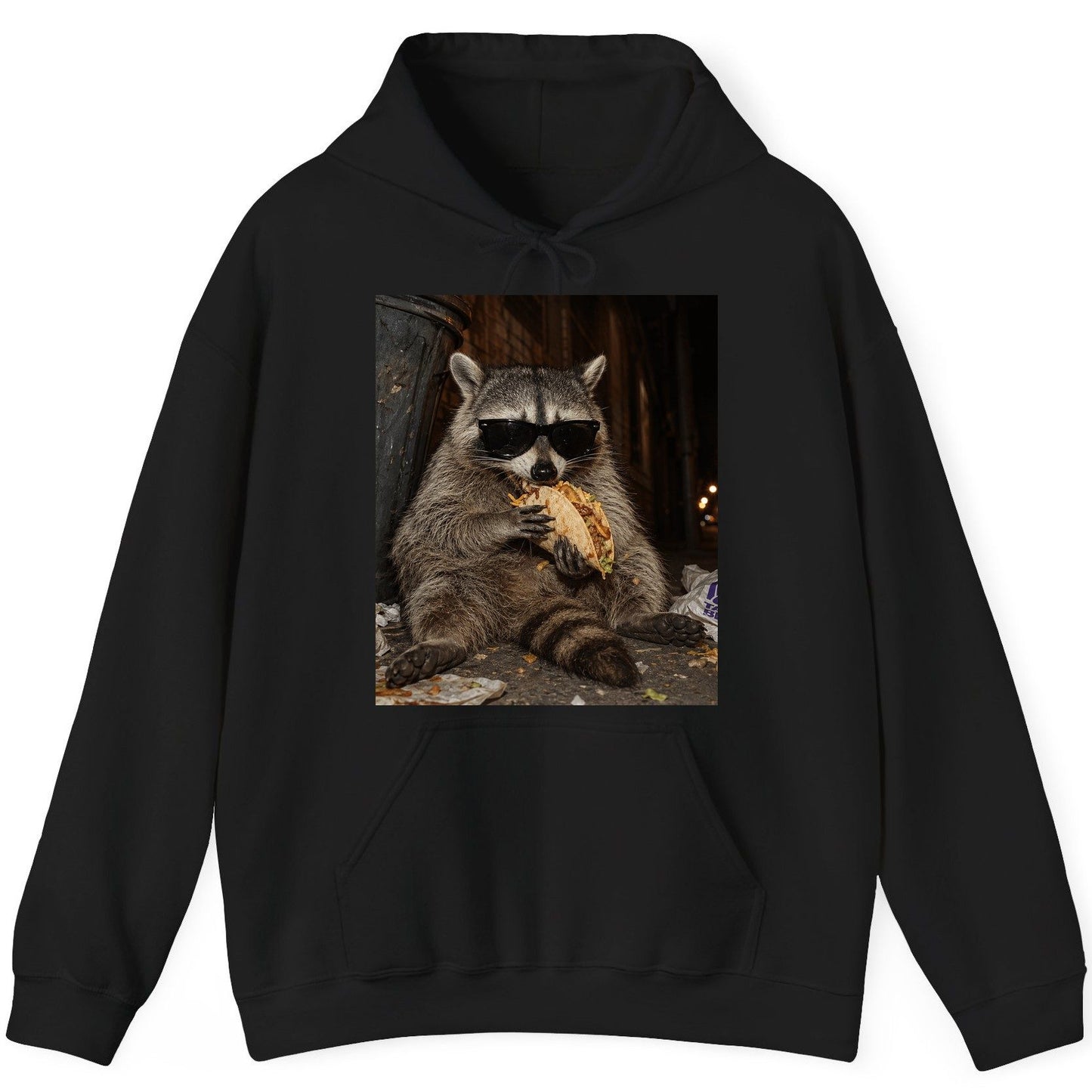 Raccoon Eating Taco Funny Animal Lovers Hoodie - product mockup - Black