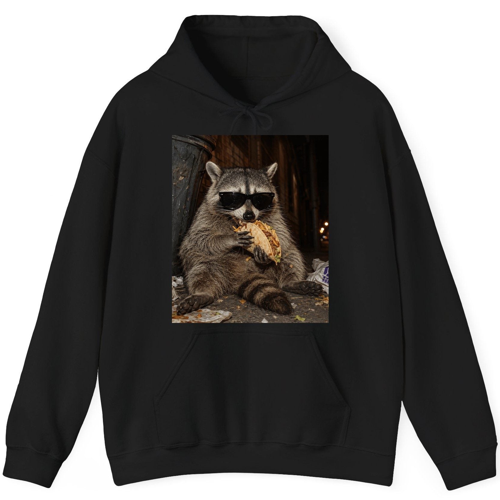 Raccoon Eating Taco Funny Animal Lovers Hoodie - product mockup - Black
