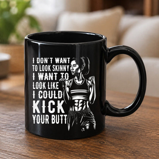 I Don't Want to Look Skinny I Want to Look Like I Could Kick Your Butt women's fitness Black Mug Black product mockup