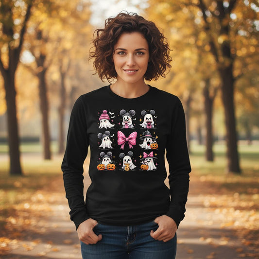 Cute Pink Halloween Ghosts Halloween ghosts Long Sleeve Tee Black lifestyle mockup