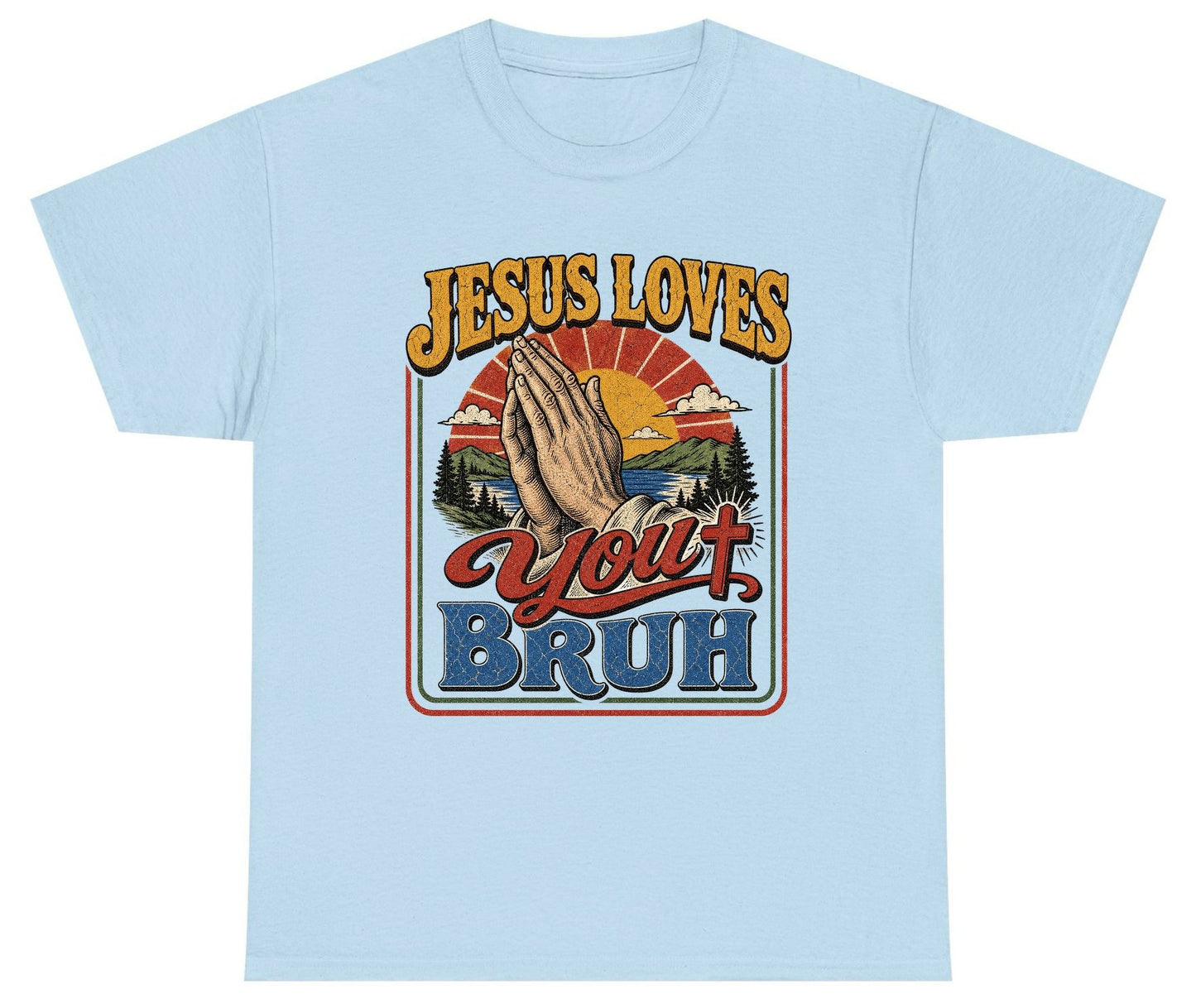 JESUS LOVES You BRUH Funny Christian Humor Youth T-Shirt - product mockup - Light Blue