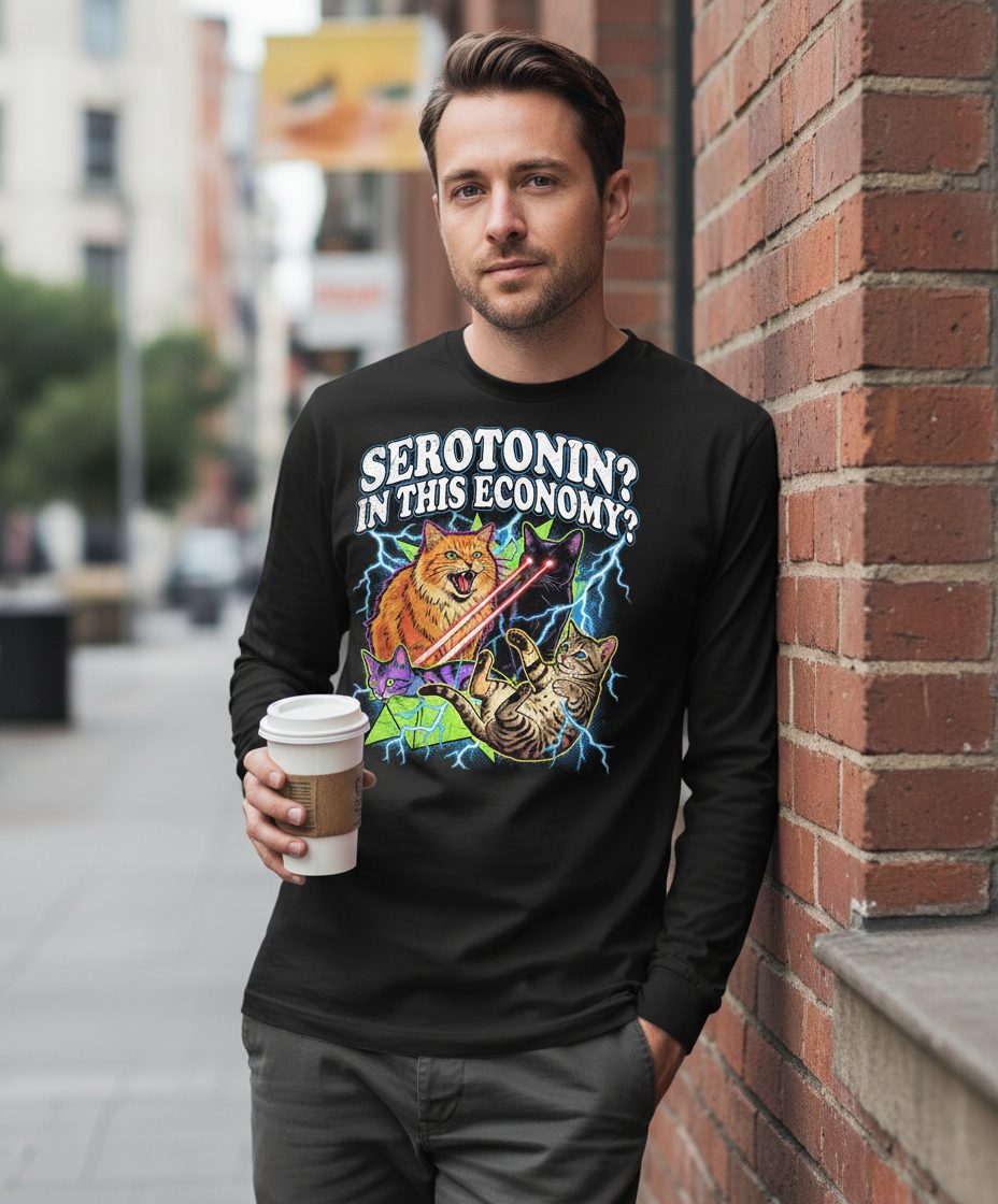 Serotonin in This Economy? cats Long Sleeve Tee Black lifestyle mockup