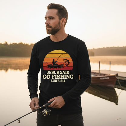 JESUS SAID GO Fishing LUKE 5 4 Retro Christian Long Sleeve Tee - lifestyle model mockup - Black