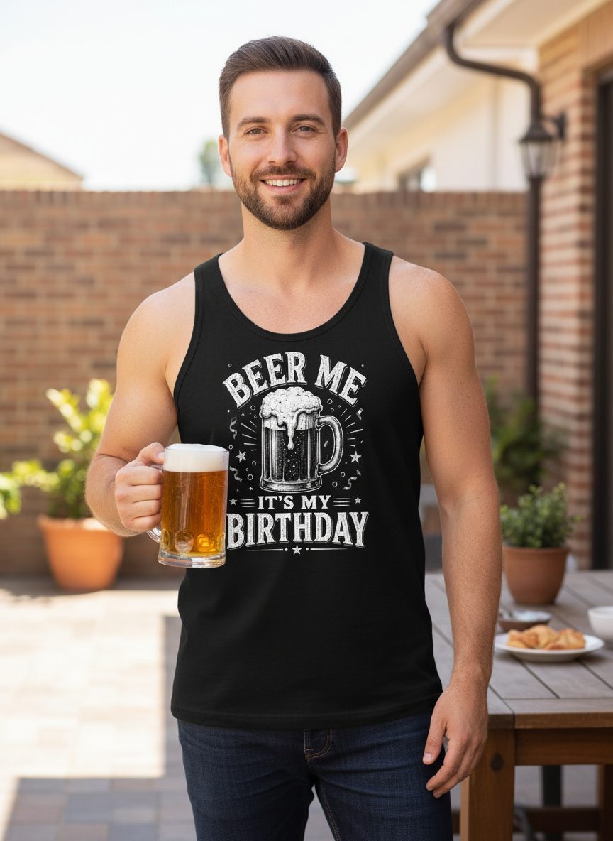 Beer Me It's My Birthday Funny Person Tank Top - lifestyle model mockup - Black