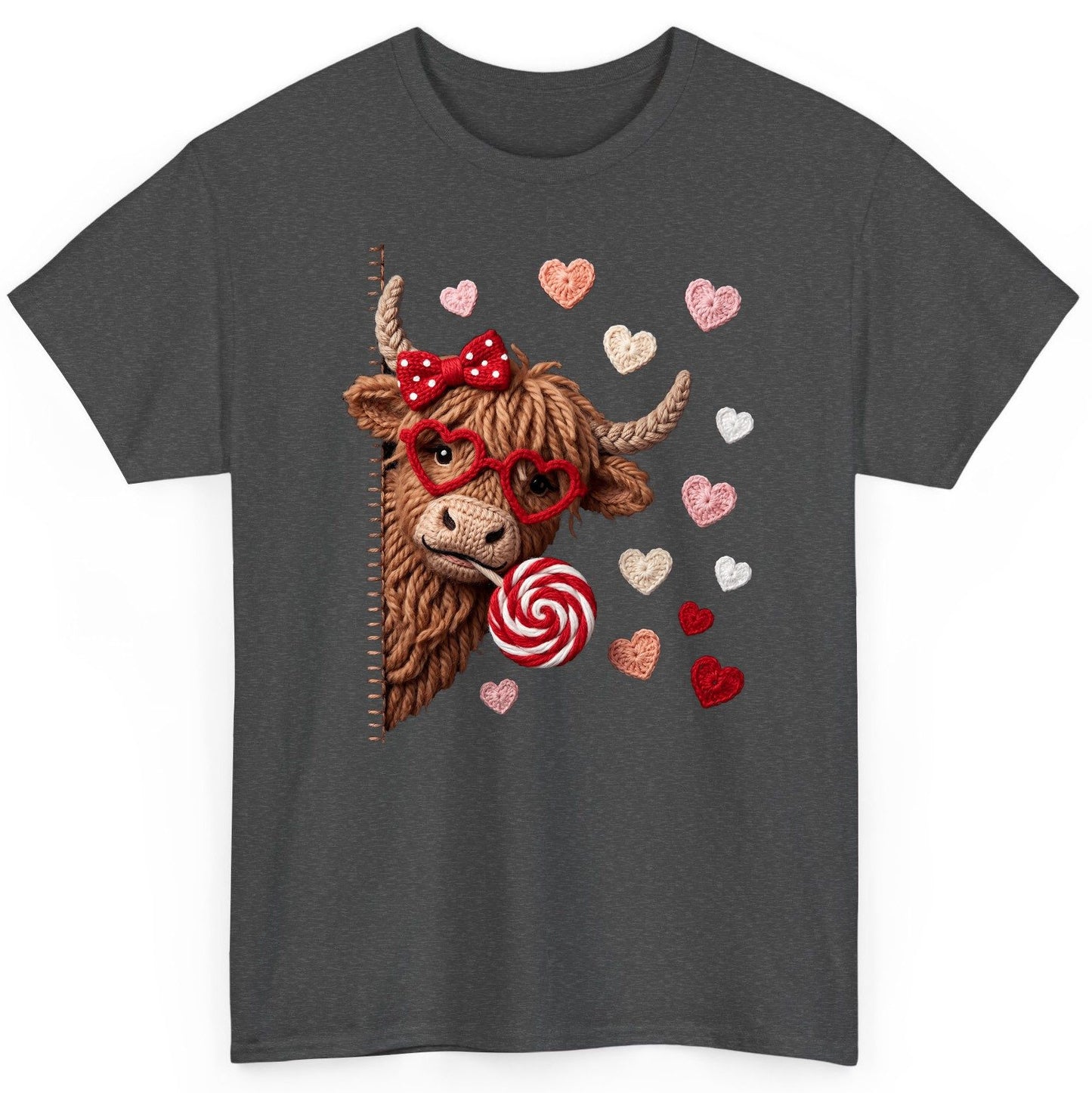 Crochet Valentine's Highland Cow highland cow T-Shirt Dark Heather product mockup
