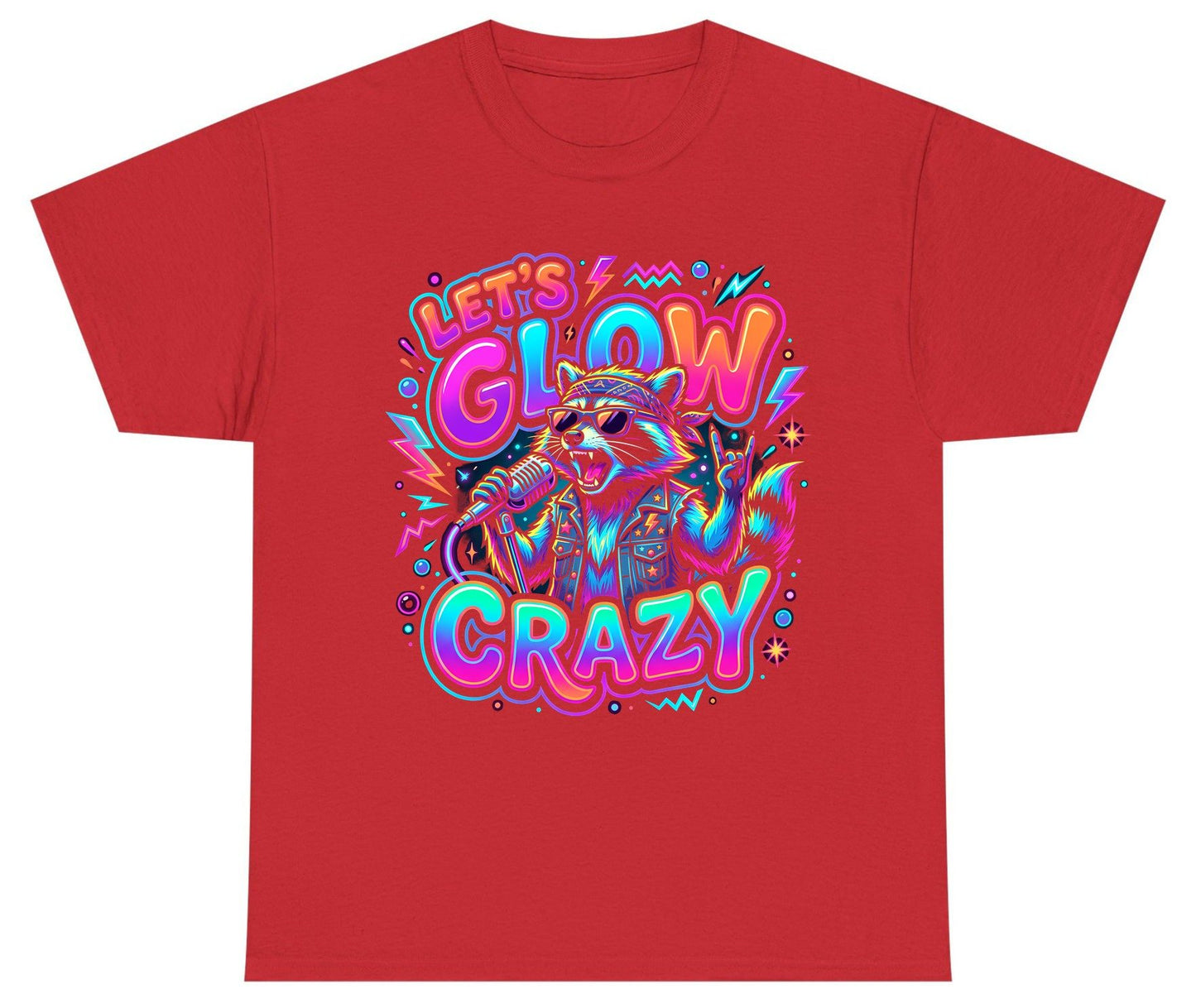 Let's Glow Crazy Funny Rockstar Raccoon Youth T-Shirt - product mockup - Red