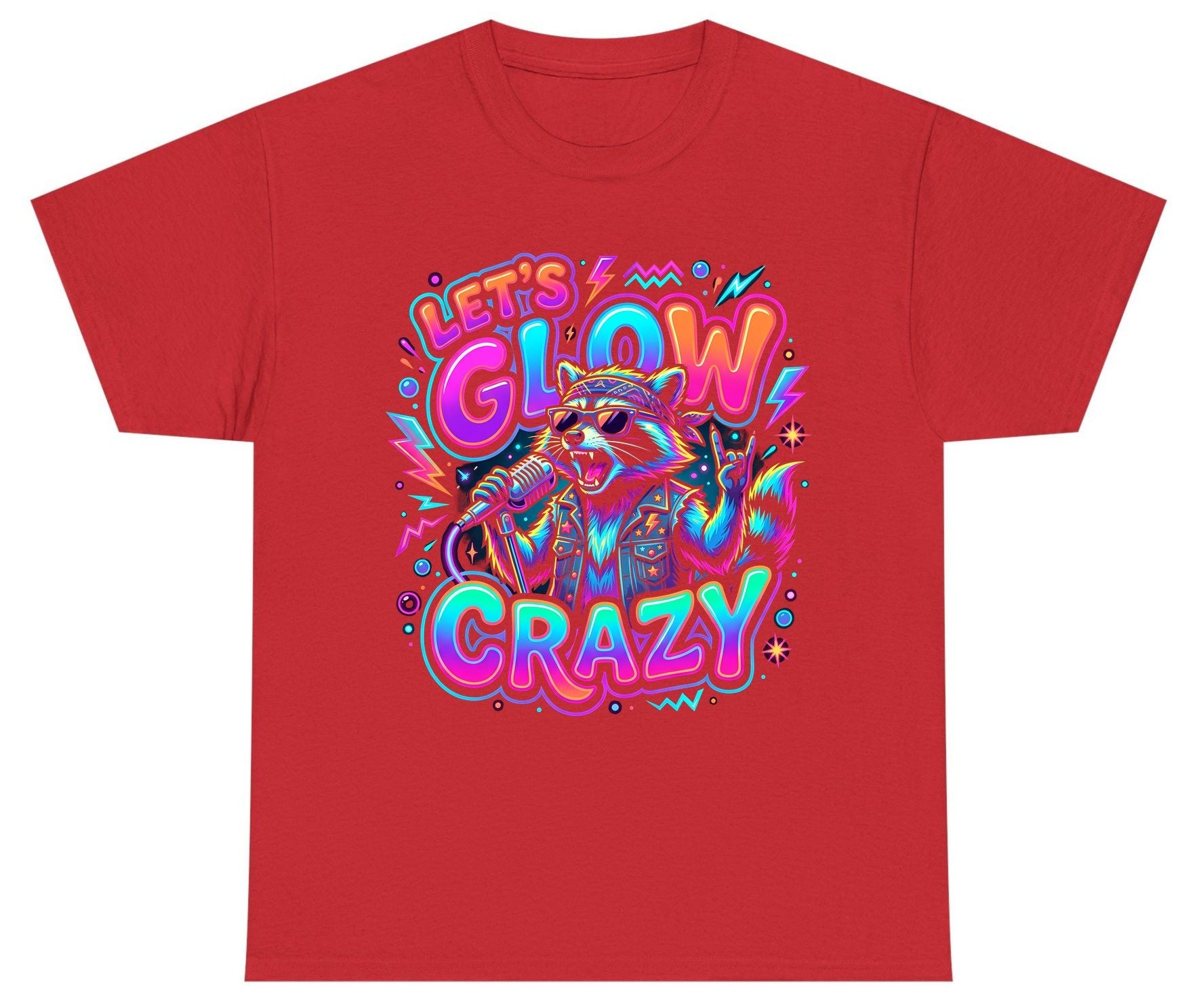 Let's Glow Crazy Funny Rockstar Raccoon Youth T-Shirt - product mockup - Red