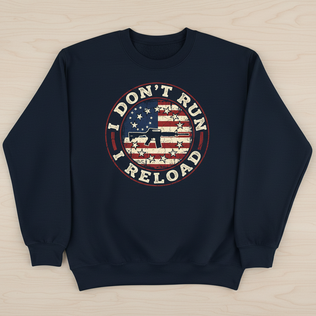 I Don't Run I Reload Pro-Gun American Flag Design Sweatshirt - Navy
