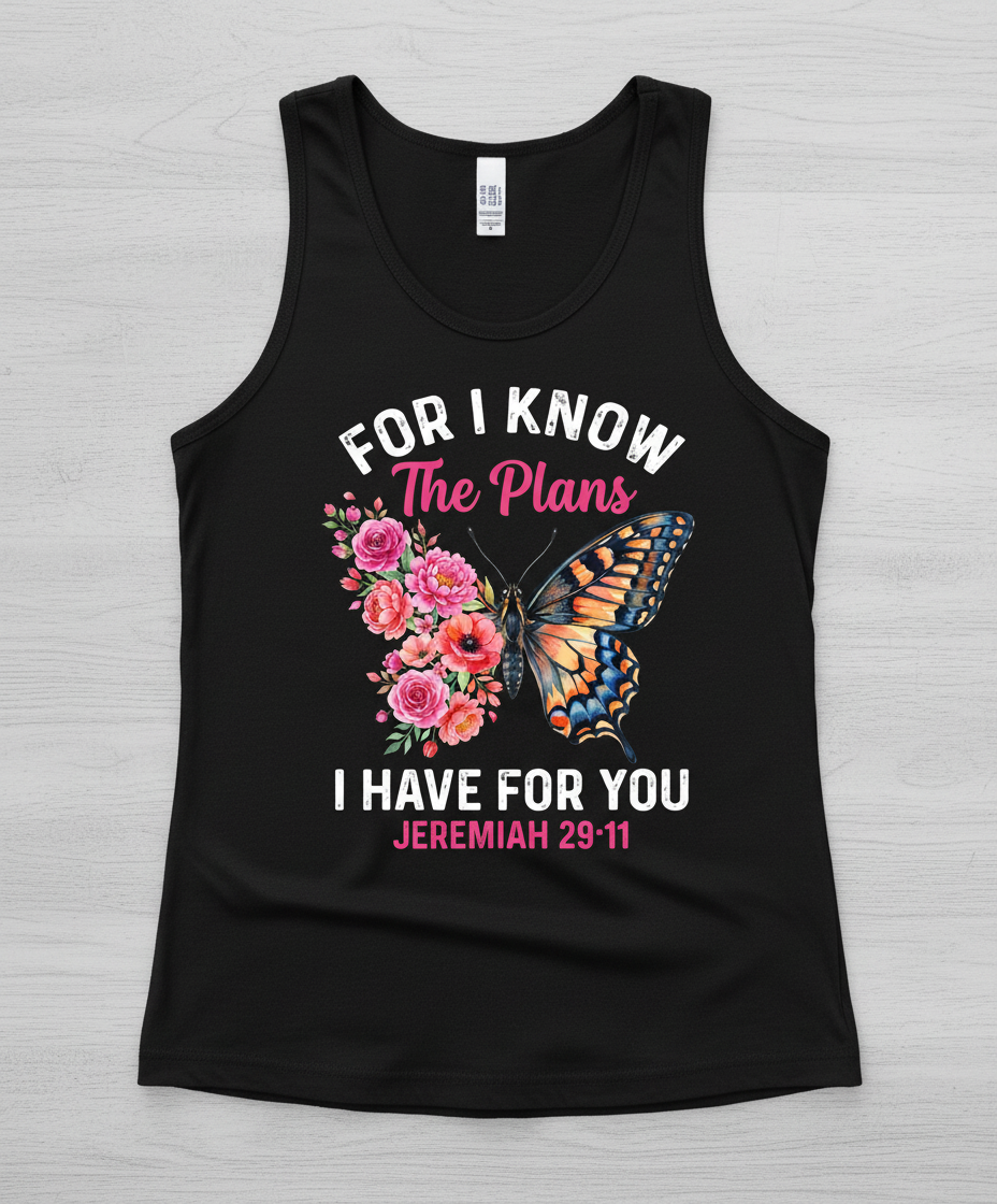 Jeremiah 29:11 Butterfly Floral Christian Verse Tank Top - Black