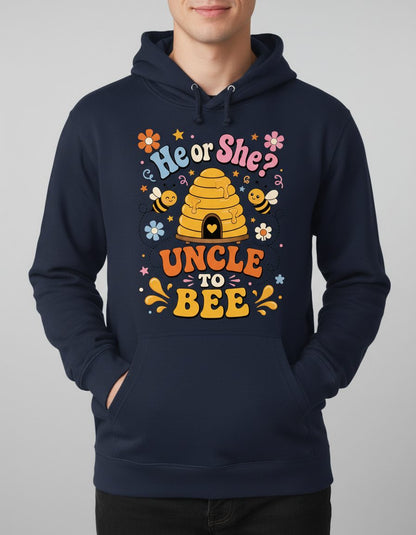 He or She Uncle to Bee Retro Gender Reveal Hoodie - product mockup - Navy