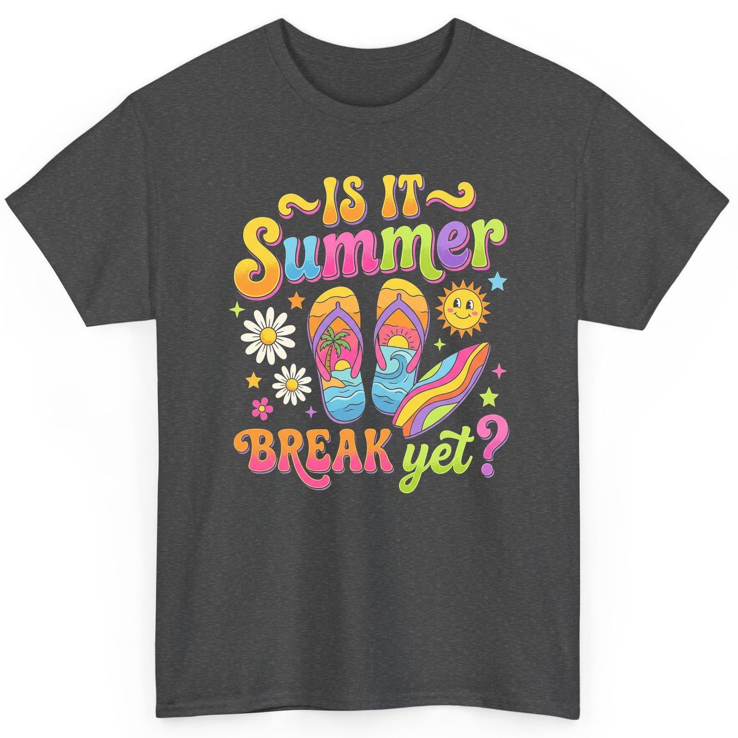 Is It Summer Break Yet Retro Vacation T-Shirt - product mockup - Dark Heather