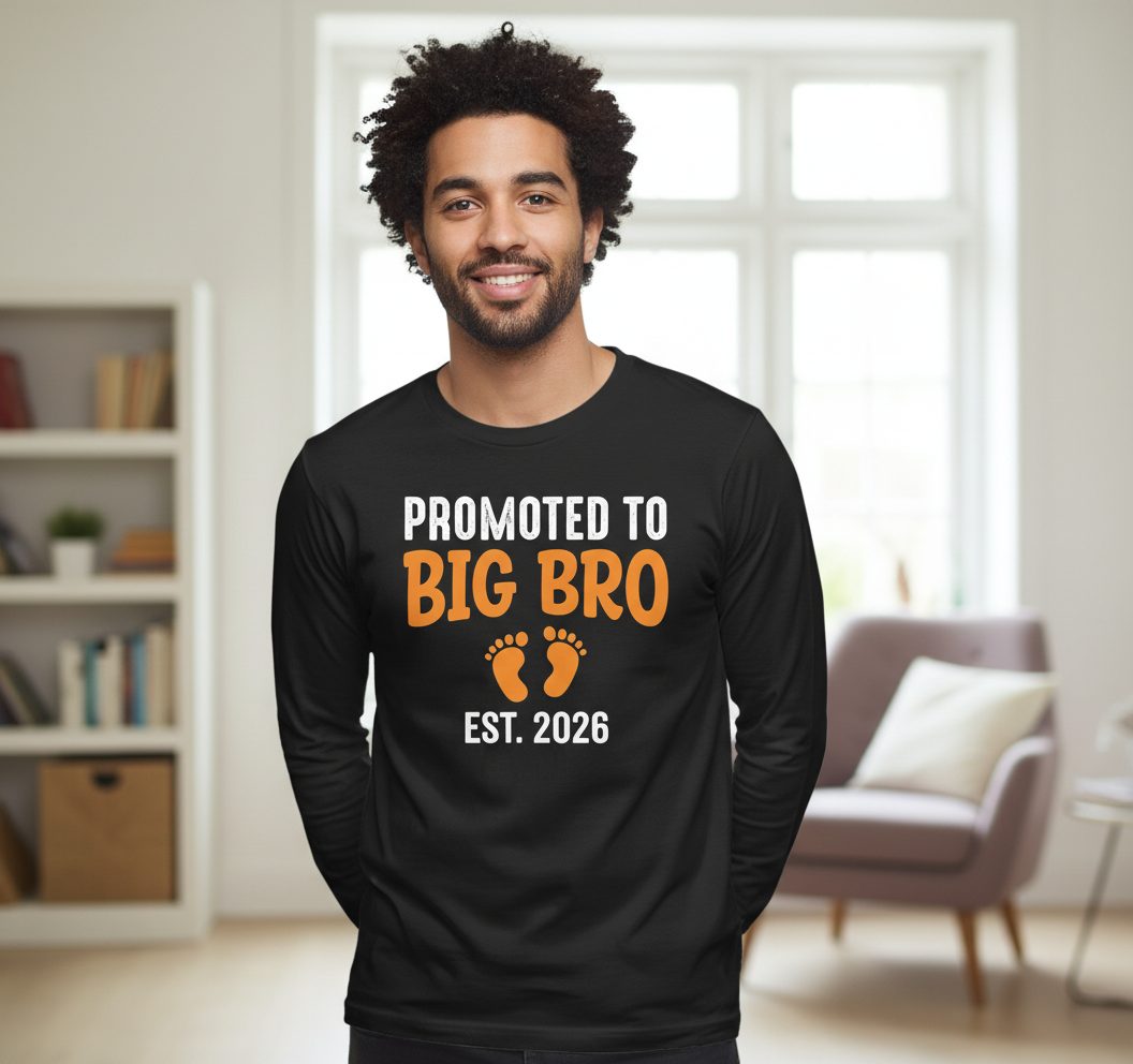 Promoted TO BIG BRO EST 2026 Pregnancy Announcement Long Sleeve Tee - lifestyle model mockup - Black
