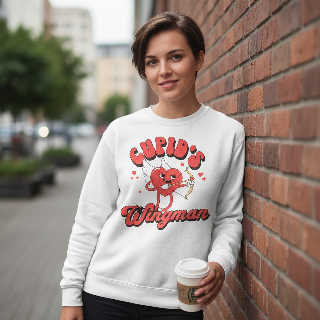 Cupid's Wingman Valentine's Day Sweatshirt White lifestyle mockup