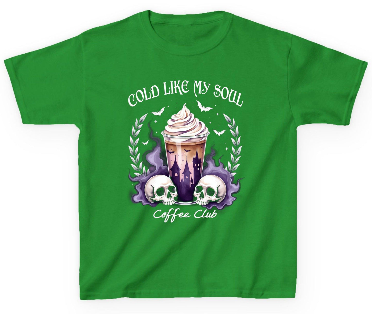 Cold Like My Soul Coffee Club gothic iced coffee Youth T-Shirt Irish Green product mockup